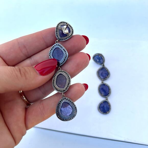 Authentic Tanzanite & Diamond Pavé Dangle Earrings Sterling Silver 14k Gold - Picture 5 of 7